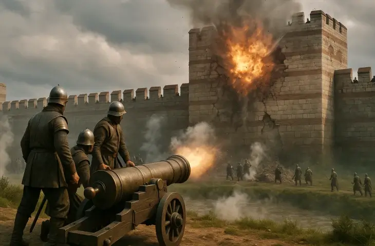 Osmanlı topçularının 1453 kuşatması sırasında surlara ateş ederek büyük bir gedik açtığı anı gösteren tarihsel canlandırma sahnesi.